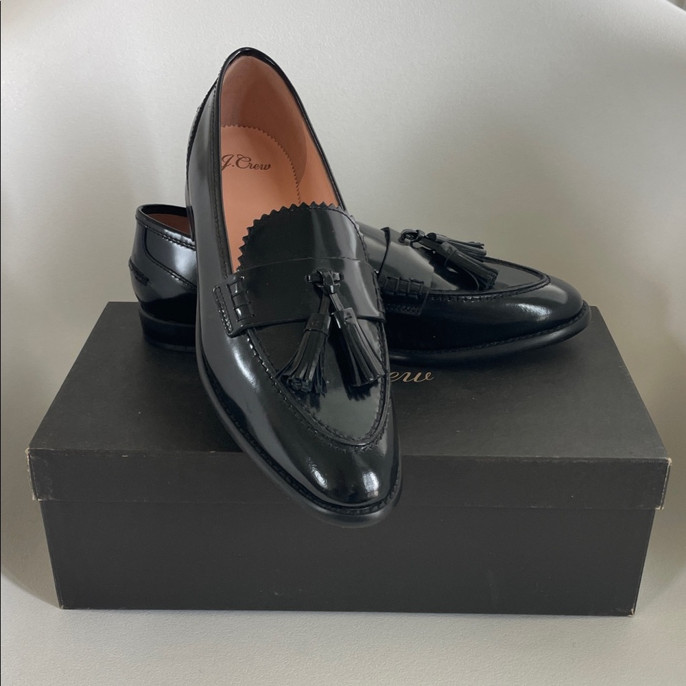 J. Crew Glossy Black Tassel Loafers size 8
